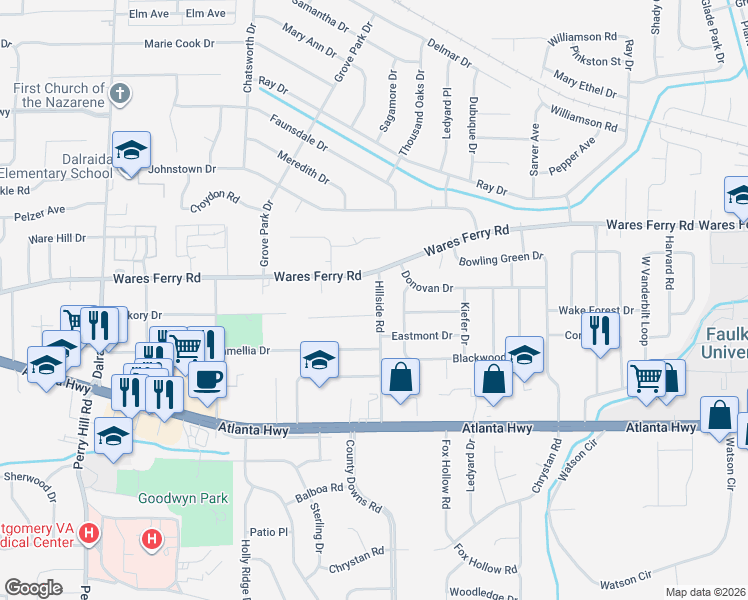 map of restaurants, bars, coffee shops, grocery stores, and more near 318 Hillside Road in Montgomery