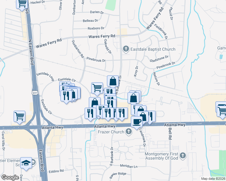 map of restaurants, bars, coffee shops, grocery stores, and more near 379-387 North Burbank Drive in Montgomery