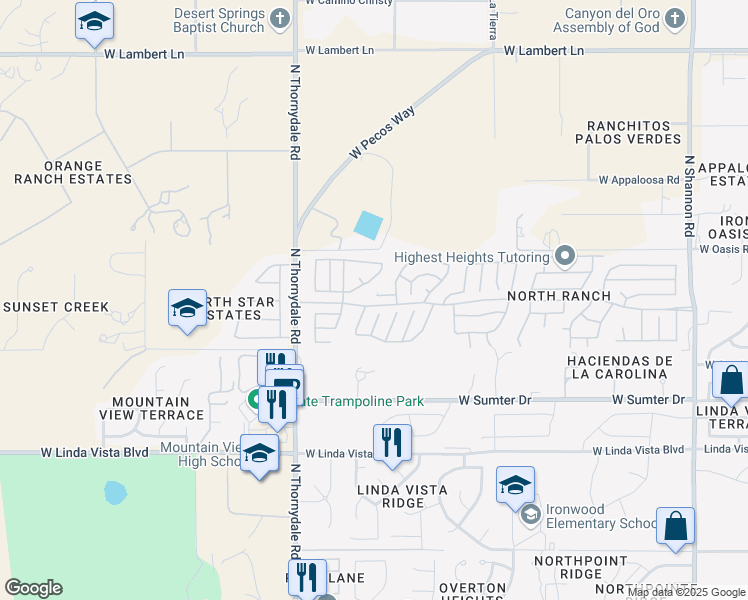 map of restaurants, bars, coffee shops, grocery stores, and more near 9921 North Sky Ridge Place in Tucson