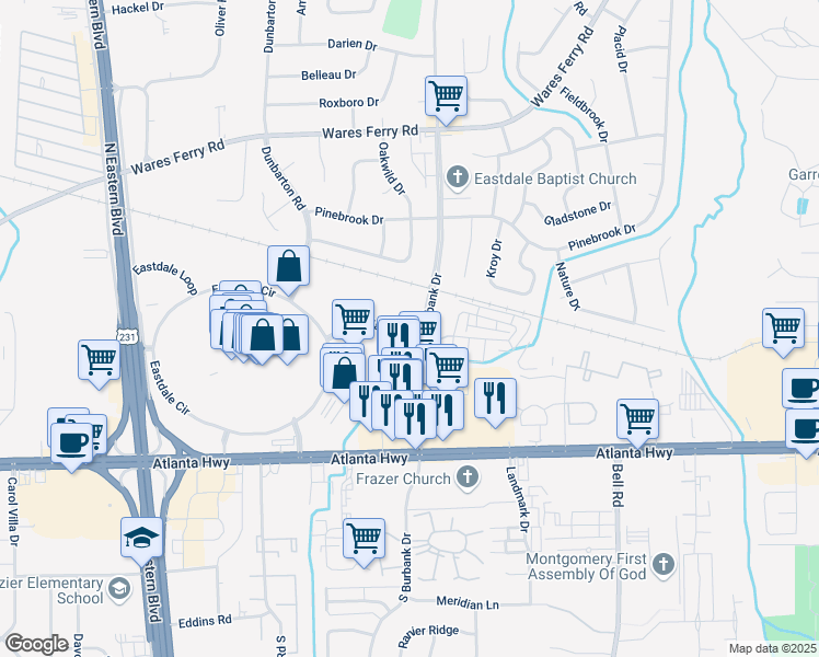 map of restaurants, bars, coffee shops, grocery stores, and more near 379-387 North Burbank Drive in Montgomery
