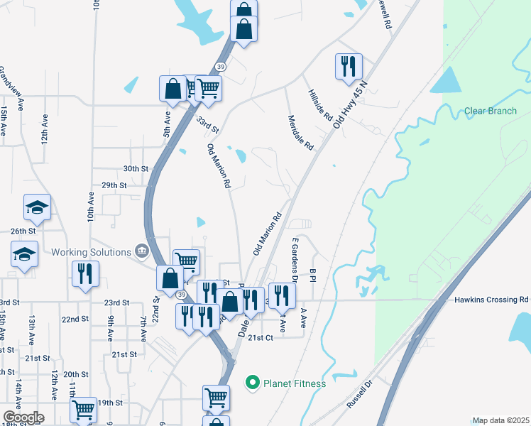 map of restaurants, bars, coffee shops, grocery stores, and more near 2428 Old Marion Road in Meridian