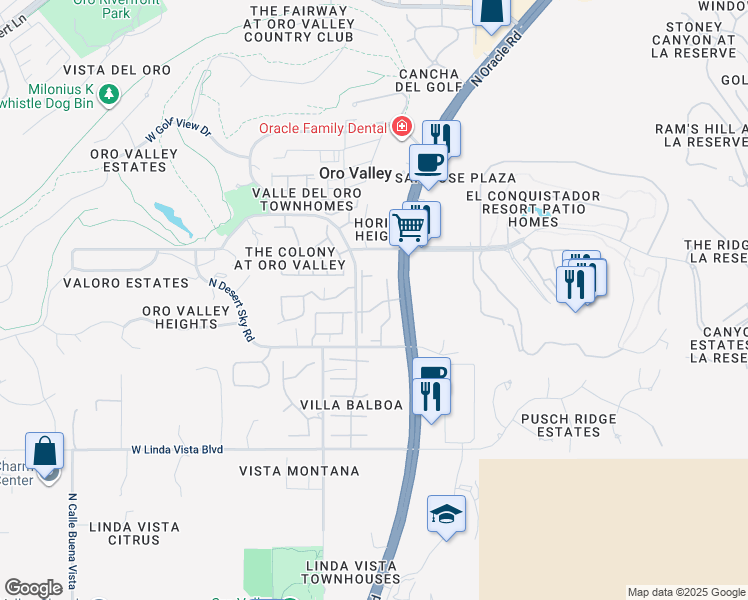 map of restaurants, bars, coffee shops, grocery stores, and more near 9901 Arizona 77 in Oro Valley
