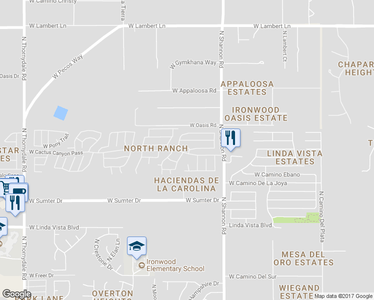 map of restaurants, bars, coffee shops, grocery stores, and more near 9907 North Meadow Ranch Place in Tucson