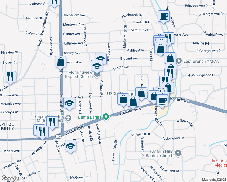 map of restaurants, bars, coffee shops, grocery stores, and more near 70 Turner Place in Montgomery