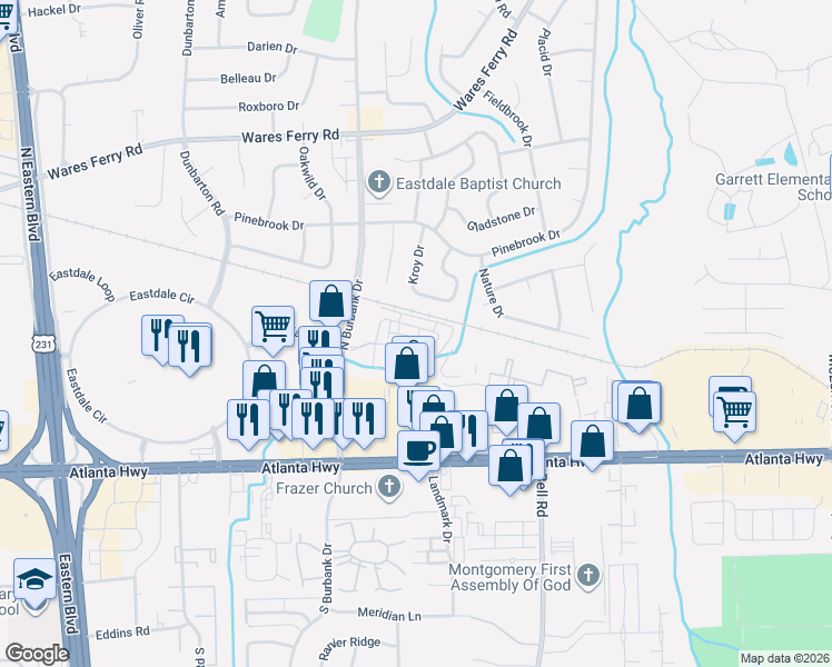 map of restaurants, bars, coffee shops, grocery stores, and more near 6217 Burbank Crossing Loop in Montgomery
