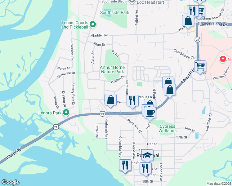 map of restaurants, bars, coffee shops, grocery stores, and more near 2612 Rosemont Avenue in Port Royal