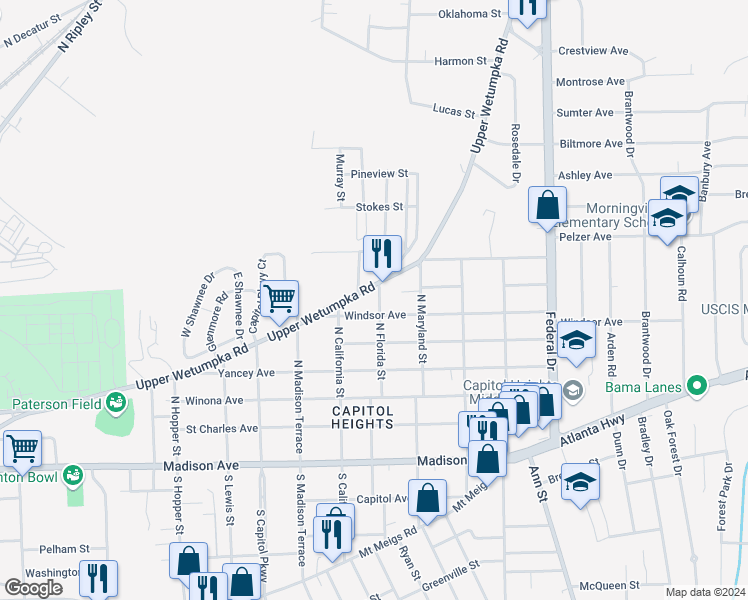 map of restaurants, bars, coffee shops, grocery stores, and more near 517 North Florida Street in Montgomery