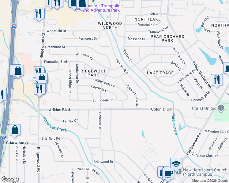 map of restaurants, bars, coffee shops, grocery stores, and more near 1322 Deerfield Lane in Jackson