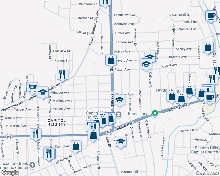 map of restaurants, bars, coffee shops, grocery stores, and more near 509 Federal Drive in Montgomery