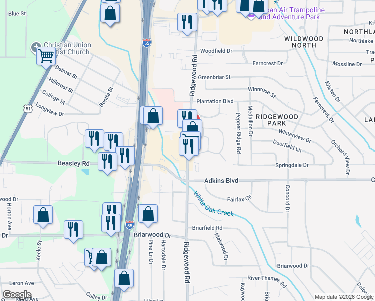 map of restaurants, bars, coffee shops, grocery stores, and more near 5827 Ridgewood Road in Jackson