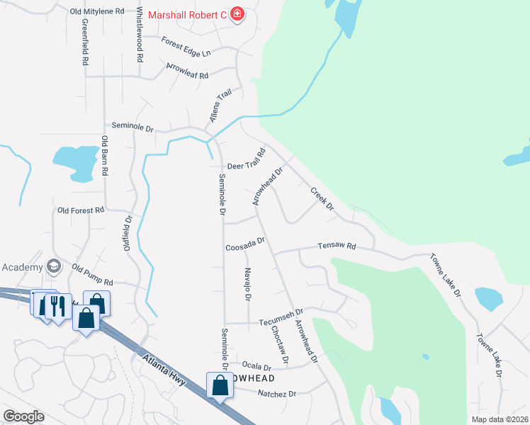 map of restaurants, bars, coffee shops, grocery stores, and more near 414 Arrowhead Drive in Montgomery