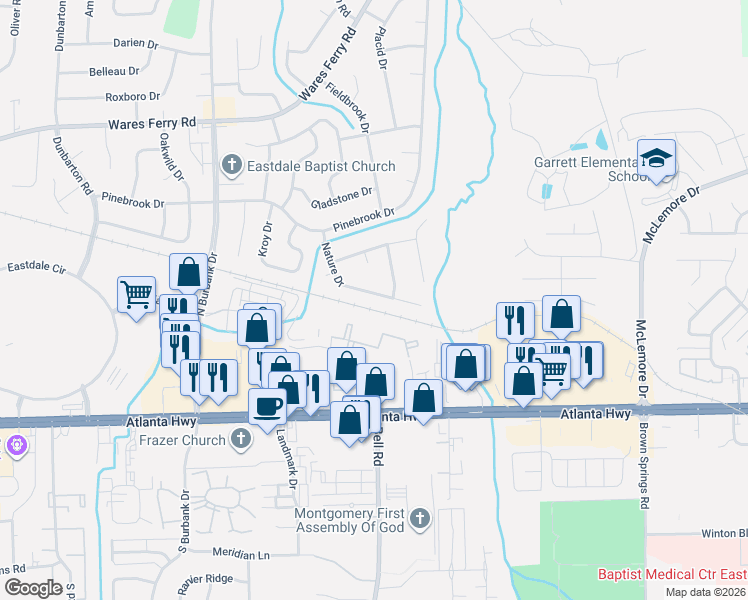 map of restaurants, bars, coffee shops, grocery stores, and more near 6268 Nature Drive in Montgomery