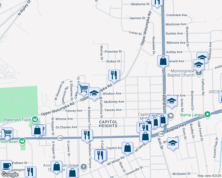 map of restaurants, bars, coffee shops, grocery stores, and more near 517 North Florida Street in Montgomery