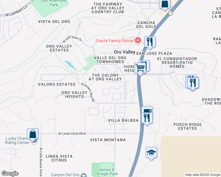 map of restaurants, bars, coffee shops, grocery stores, and more near 110 East Horizon Circle in Tucson