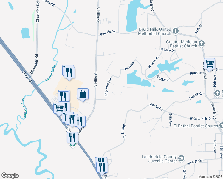 map of restaurants, bars, coffee shops, grocery stores, and more near 2708 Edgewood Drive in Meridian