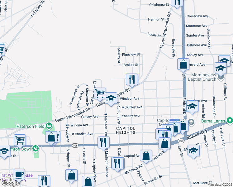 map of restaurants, bars, coffee shops, grocery stores, and more near in Montgomery