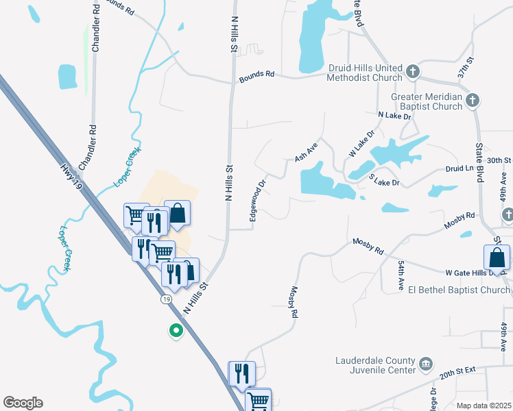 map of restaurants, bars, coffee shops, grocery stores, and more near 2708 Edgewood Drive in Meridian