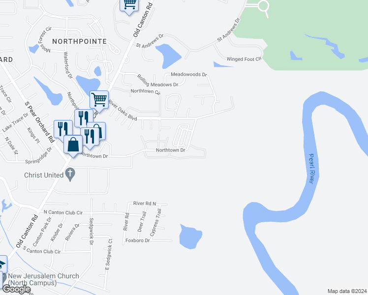 map of restaurants, bars, coffee shops, grocery stores, and more near 207 Northtown Drive in Jackson