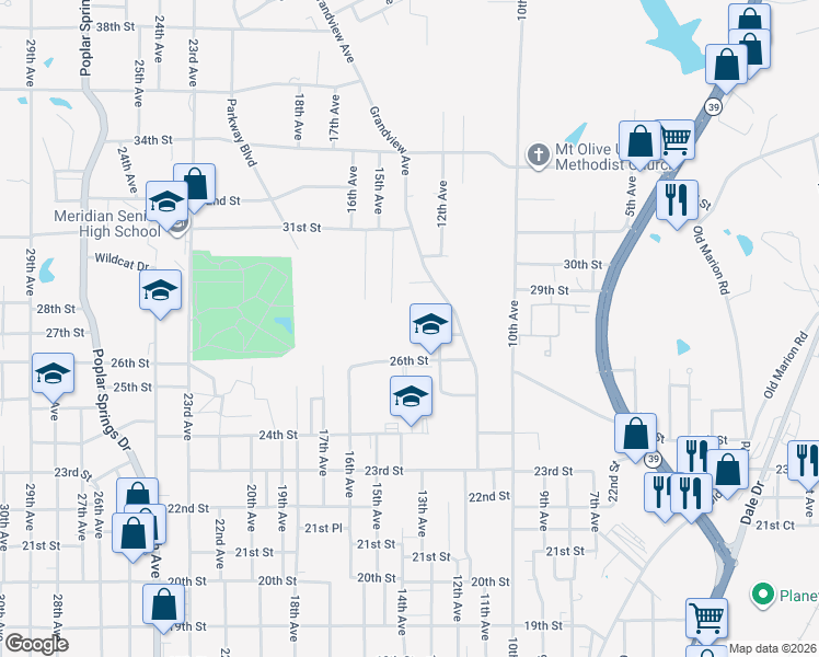 map of restaurants, bars, coffee shops, grocery stores, and more near 1310 27th Street in Meridian