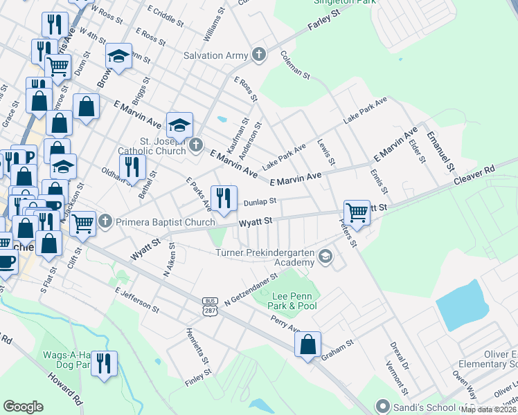 map of restaurants, bars, coffee shops, grocery stores, and more near 212 Dunlap Street in Waxahachie