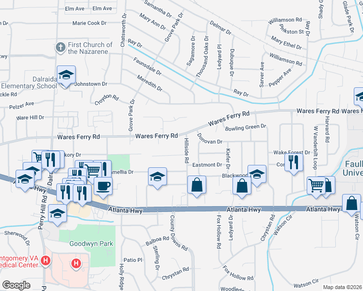 map of restaurants, bars, coffee shops, grocery stores, and more near 315 Hillside Road in Montgomery