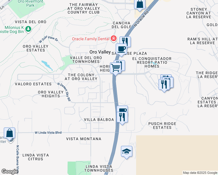 map of restaurants, bars, coffee shops, grocery stores, and more near 9901 North Oracle Road in Oro Valley