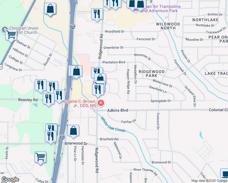 map of restaurants, bars, coffee shops, grocery stores, and more near 5880 Ridgewood Road in Jackson
