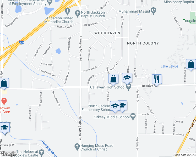 map of restaurants, bars, coffee shops, grocery stores, and more near 5934 Windover Lane in Jackson