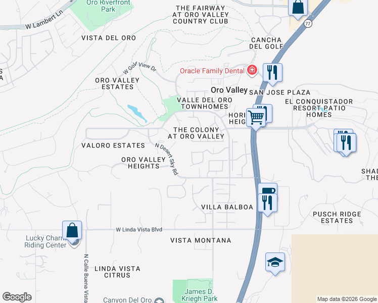 map of restaurants, bars, coffee shops, grocery stores, and more near 75 East Horizon Circle in Tucson