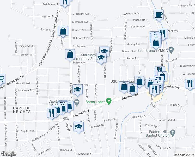 map of restaurants, bars, coffee shops, grocery stores, and more near 106 Brantwood Drive in Montgomery