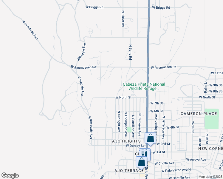 map of restaurants, bars, coffee shops, grocery stores, and more near 1580 West North Street in Ajo