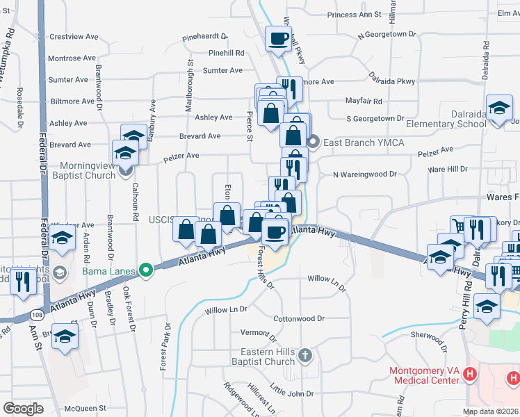 map of restaurants, bars, coffee shops, grocery stores, and more near 47 Holliday Drive in Montgomery