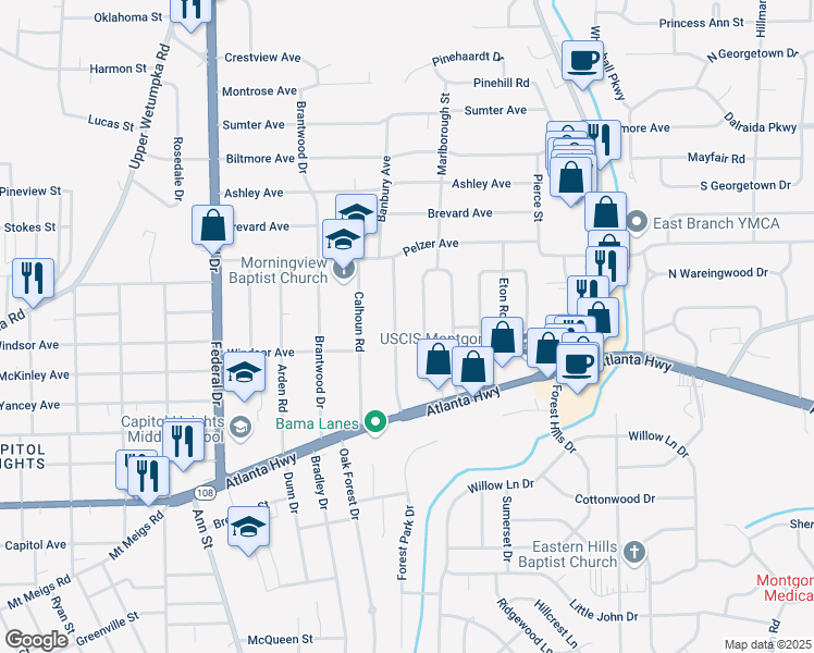 map of restaurants, bars, coffee shops, grocery stores, and more near 70 Turner Place in Montgomery
