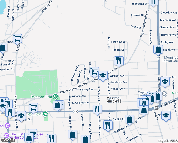 map of restaurants, bars, coffee shops, grocery stores, and more near 602 Glenmore Road in Montgomery