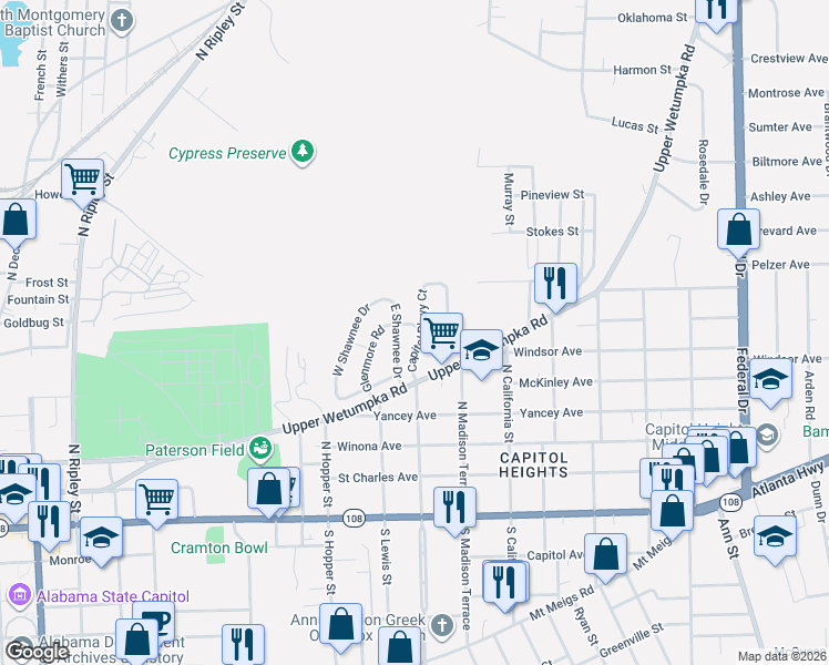 map of restaurants, bars, coffee shops, grocery stores, and more near 602 Glenmore Road in Montgomery