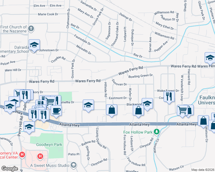 map of restaurants, bars, coffee shops, grocery stores, and more near 318 Hillside Road in Montgomery