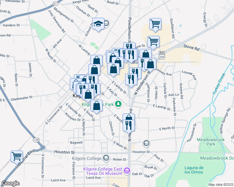 map of restaurants, bars, coffee shops, grocery stores, and more near 503 East Kay Street in Kilgore