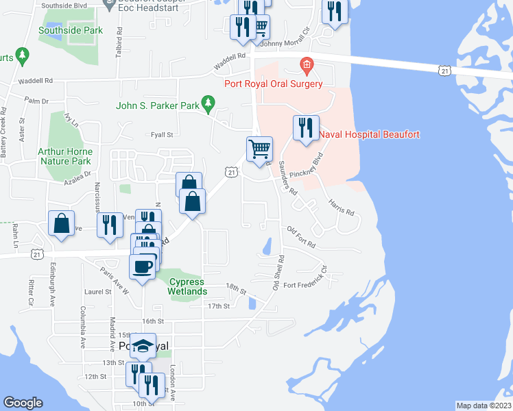map of restaurants, bars, coffee shops, grocery stores, and more near 2 Stuart Towne Lane in Port Royal