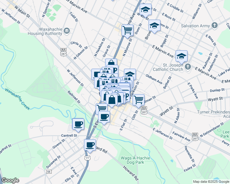 map of restaurants, bars, coffee shops, grocery stores, and more near in Waxahachie