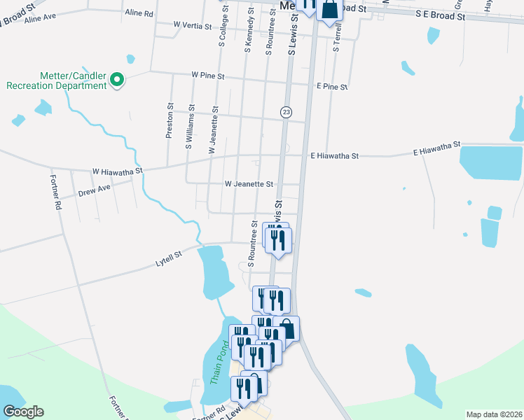 map of restaurants, bars, coffee shops, grocery stores, and more near 635 South Rountree Street in Metter