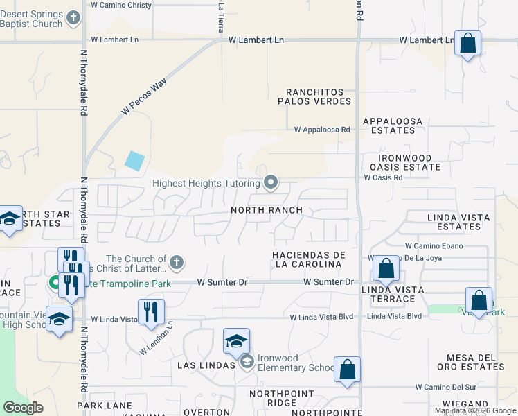 map of restaurants, bars, coffee shops, grocery stores, and more near 3235 West Desert Dawn Trail in Tucson
