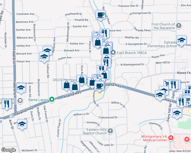 map of restaurants, bars, coffee shops, grocery stores, and more near 47 Holliday Drive in Montgomery