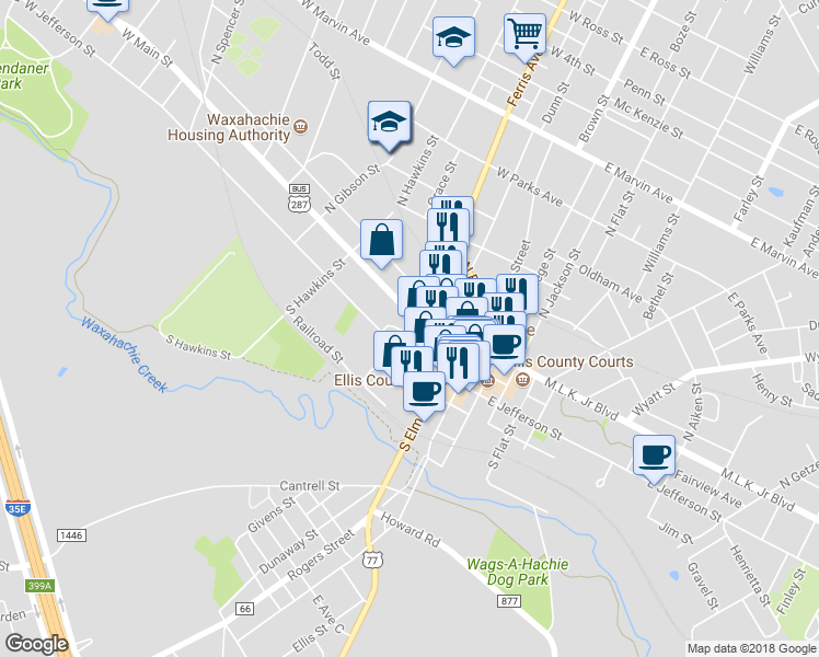 map of restaurants, bars, coffee shops, grocery stores, and more near 410 West Franklin Street in Waxahachie