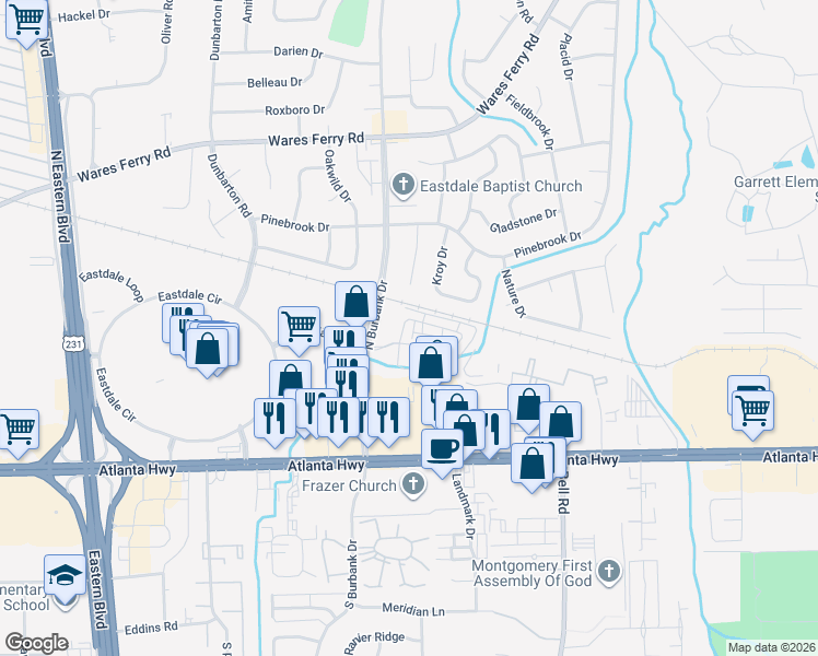 map of restaurants, bars, coffee shops, grocery stores, and more near 111 Havenwood Way in Montgomery