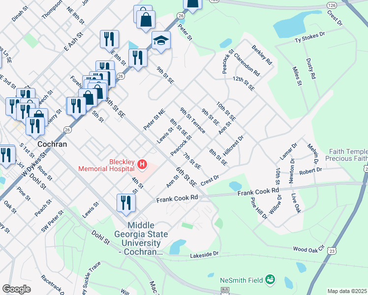 map of restaurants, bars, coffee shops, grocery stores, and more near 121 7th Street Southeast in Cochran