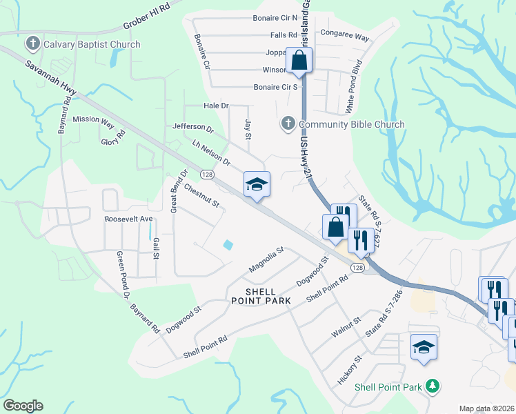 map of restaurants, bars, coffee shops, grocery stores, and more near 81 South Carolina 128 in Beaufort