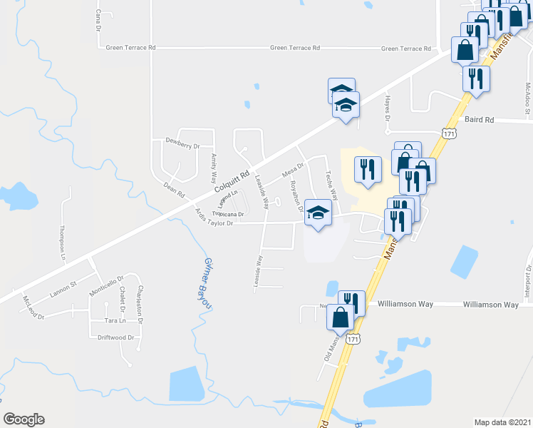 map of restaurants, bars, coffee shops, grocery stores, and more near 9560 Leaside Way in Shreveport