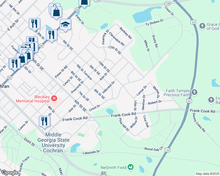 map of restaurants, bars, coffee shops, grocery stores, and more near 228 9th Street Southeast in Cochran