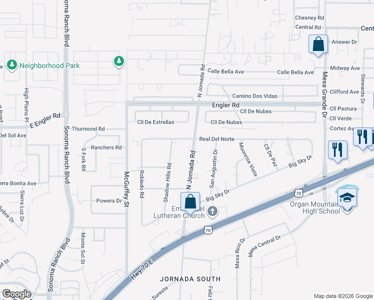 map of restaurants, bars, coffee shops, grocery stores, and more near 6125 North Jornada Road in Las Cruces