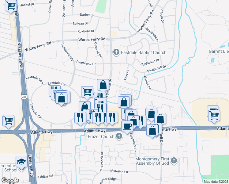 map of restaurants, bars, coffee shops, grocery stores, and more near 111 Havenwood Way in Montgomery